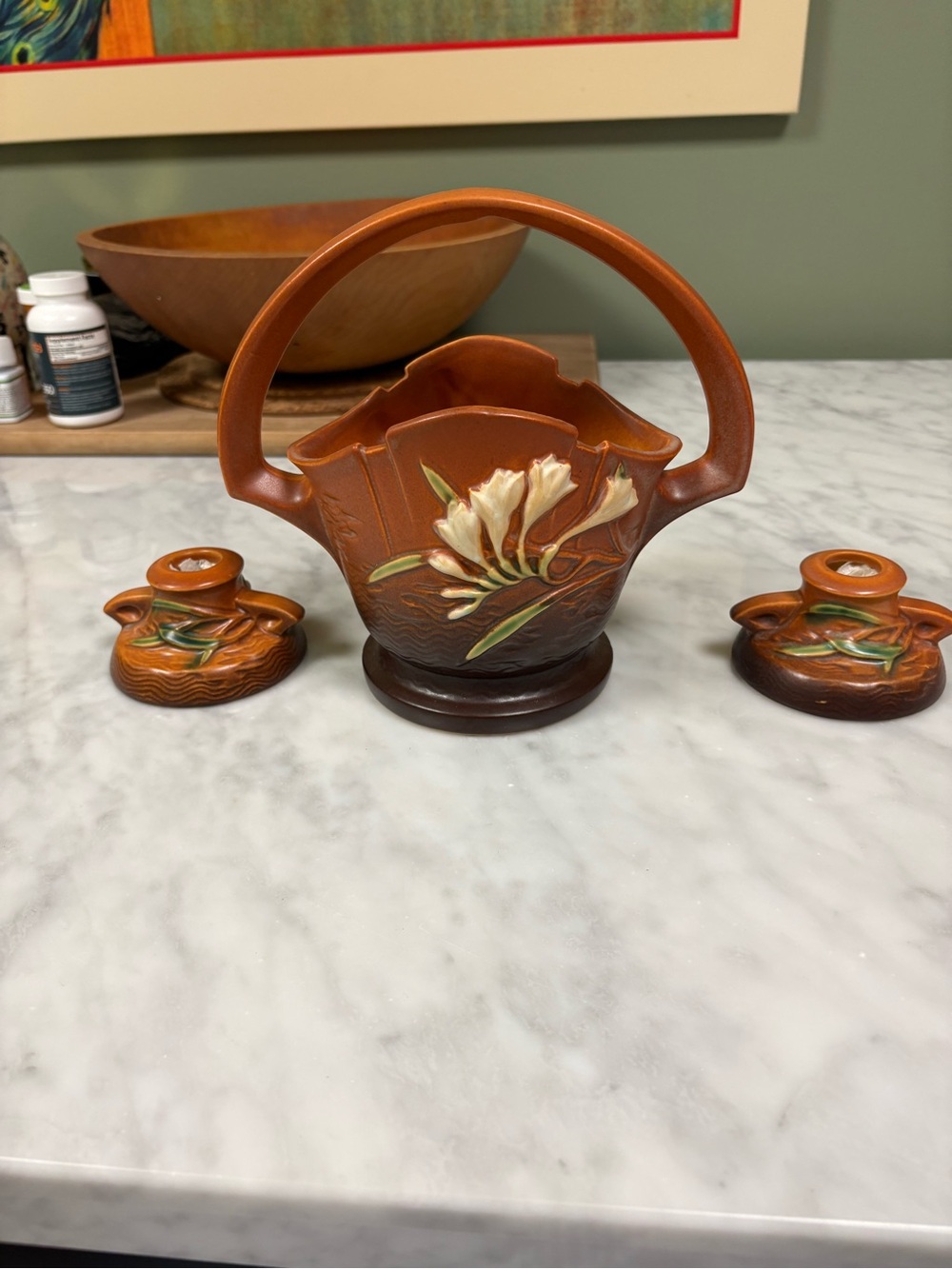 Roseville Pottery Freesia Basket and Candle Sticks Brown
